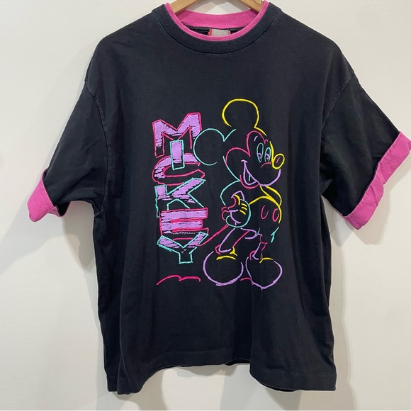 Disney Mickey Mouse 90’s Vintage Neon Pink Black Tee Shirt One Size Fit All - Picture 1 of 7